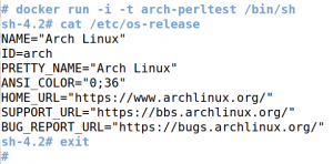 Abbildung 3: Der User öffnet eine Shell im Arch-Linux-Container und verifiziert die Version der Distribution.