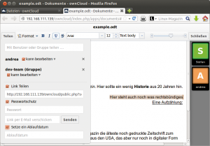 Abbildung 3: Web ODF installiert man am einfachsten als Teil von Owncloud. Im Zusammenspiel mit dem Cloudspeicher und dessen Benutzerverwaltung bietet es die meisten Optionen beim Teilen eines Dokuments.