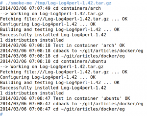 Abbildung 4: Der Tarball des Log4perl-Moduls absolviert seine Testsuite in den Arch-Linux- und Ubuntu-Containern.
