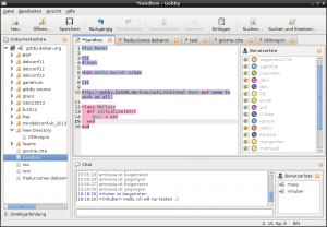 Abbildung 5: Gobby integriert Chat sowie Benutzer- und Dokumentenliste und kennt Syntax-Highlighting für eine große Zahl von Programmier- und Markup-Sprachen.