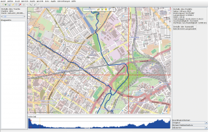Abbildung 2: Das rote Fadenkreuz markiert einen Punkt im Track, in der rechten Seitenleiste zeigt GPS Prune die Detailinformationen wie die Koordinaten, Höhe und Uhrzeit an.