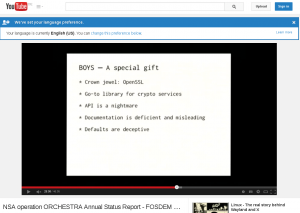 Abbildung 3: Bereits auf der Fosdem 2014 hatte BSD-Entwickler Poul-Henning Kamp unter dem Titel "NSA operation ORCHESTRA Annual Status Report" in seiner Keynote die Probleme von Open SSL und die möglichen Konsequenzen ausgemalt. Er sollte Recht behalten.