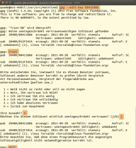 Abbildung 4: Das Krypto-Programm Gnu PG prüft anhand der digitalen Unterschrift die Authentizität des Quelltext-Downloads.