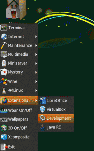 Hinter dem Eintrag "Development" verbergen sich die umfangreichen Entwickler-Pakete von 4MLinux.