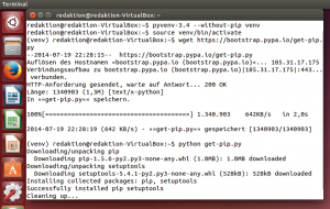 Abbildung 2: Eine Handvoll Befehle installiert die Beispielanwendung unter Ubuntu 14.04 in eine virtuelle Python-Umgebung. Zum Einsatz kommt dabei Python 3.4.