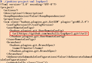 Abbildung 2: Im XML-Salat der Jenkins-Konfiguration findet sich die auf dem UI eingestellte URL zum Github-Repository des Projekts &raquo;[% $git_url %]&laquo;.