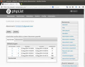 Abbildung 7: Phplist zeigt nicht nur an, wann eine Mail gesendet und empfangen wurde, sondern nutzt die Zeitstempel auch dazu, die Antwortzeiten zu ermitteln.