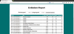 Abbildung 2: Der Report zeigt die Erdbeben der letzten Tage für den Standort Reykjavík.