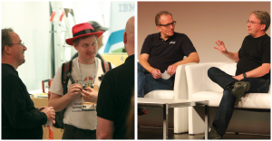 Abbildung 3: Zweimal Linus Torvalds: Unten auf der Couch mit Dirk Hohndel, oben im Gespräch auf dem Flur mit Linux-Fans und Entwicklern in einer Pause zwischen den Vorträgen.