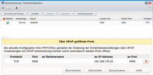 Abbildung 5: Oben die Portweiterleitung im GUI eines NAS (Synology DS214+), unten der im Ergebnis weitergeleitet Port eines NAT-Routers (Fritzbox Fon 7170).