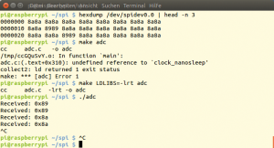 Abbildung 7: Erste Tests der Schaltung per &raquo;hexdump&laquo;. Sichtbar werden Werte, die proportional zum Widerstand des Potentiometers sind.