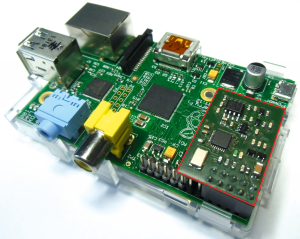 Abbildung 3: Das Rauschgenerator-Modul PRG260 (rechts, rot umrandet) auf einem Raspberry Pi.