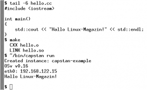 Abbildung 1: Die "Hello World"-Variante für OSv. Die auszuführende Anwendung liegt als ».so«-Datei vor.