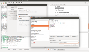 Abbildung 2: Der Schnipsel Manager von Gummi enthält zahlreiche vordefinierte Textbausteine, die mit einem Kürzel, gefolgt von <custom name="key" srcset=