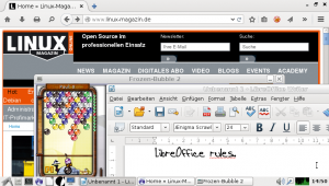 Abbildung 3: Die Vielfalt der integrierten Anwendungen ist groß. Hier läuft im Vordergrund der Writer von Libre Office 4.3.2, dahinter liegen ein Spiel und der Browser Iceweasel 35.0.1.