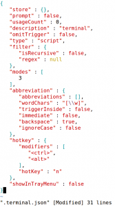 Abbildung 7: In der Datei ».terminal.json« speichert Autokey die Zuordnung des Hotkey zum Python-Skript unter »terminal.py«.