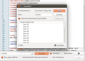 Abbildung 8: Texmaker bietet neben einer gewöhnlichen Suchfunktion auch eine Art Grep an, um in mehreren Dateien nach Begriffen zu fahnden.