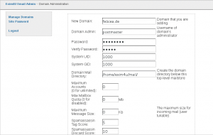 Abbildung 1: Der Site-Admin-Account hat lediglich Zugriff auf die Domainverwaltung. Beim Anlegen einer Domain richtet er den Zugang für deren Postmaster ein.