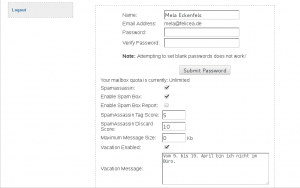Abbildung 2: Exim4u-Benutzer aktivieren in ihrer eigenen Maske nicht nur diverse Antispam-Maßnahmen, sondern auch den Urlaubsmodus. Das Tool nimmt individuelle Abwesenheitsnachrichten entgegen.