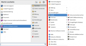 Abbildung 9: Das neue Whiskermenu (links) ist deutlich übersichtlicher als das alte Menü. In Xfce 4.12 stehen beide Varianten zur Verfügung.