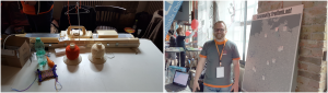 Bild links: Strickmaschine auf dem OTS / Bild rechts: Stand der Freifunker