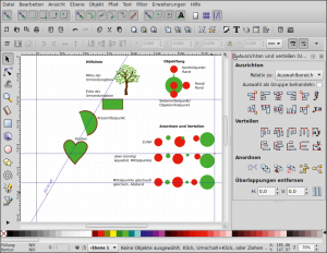 Abbildung 2: Beliebig geneigte Hilfslinien rasten in Inkscape an mehreren Stellen ein. Die Palette im rechten Bereich richtet die Objekte aus und verteilt sie gleichmäßig.