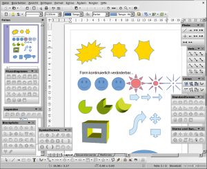Abbildung 4: Das Alleinstellungsmerkmal von Libre Office Draw: Das Programm bringt viele vorgefertigte Formen, Symbole und Pfeile mit, die Benutzer bequem aus den Paletten in die Zeichnung ziehen können.