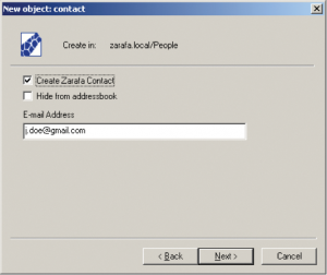 Abbildung 7: Zarafa-Kontakte liegen hier im Active Directory, die Groupware synchronisiert sie.