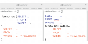 Abbildung 1: PHP-Pseudocode und SQL-»LATERAL«-Schleifen im Vergleich.