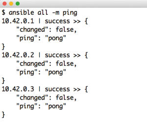 Abbildung 2: »ping« ist ein eingebauter Ansible-Befehl, der überprüft, ob sich Ansible mit allen Hosts verbinden kann, die es verwalten soll.