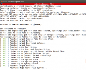 Abbildung 2: Mit Systemd-nspawn lässt sich Jessie in ein paar einfachen Schritten als Container starten.