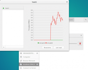Abbildung 3: Cryptomator zeigt grafisch die Aktivität beim Empfang einer zu verschlüsselnden Datei an. Unten zu sehen, der in Gnome Files eingebundene Webdav-Server.