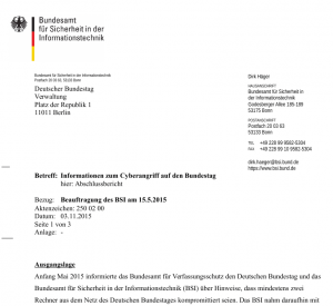 Abbildung 2: Anfang Mai informierte der Verfassungsschutz den Bundestag und das BSI über mindestens zwei gehackte Rechner im Bundestag. Mit diesen Worten beginnt der nur drei Seiten umfassende Abschlussbericht des BSI an die IuK-Kommission des Bundestages.
