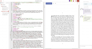 Abbildung 3: Auch Share Latex unterteilt den Bildschirm in Frames. Links erscheinen Projektdateien, mittig der Latex-Code, rechts das Resultat mit Anmerkungen.