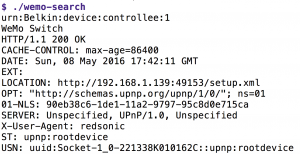 Abbildung 4: Das Skript lanciert eine UPnP-Abfrage im WLAN und findet den Wemo-Switch auf IP 192.168.1.139.