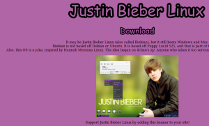 Abbildung 12: Die Webseite von Justin Bieber Linux, das auf einem 4chan-Gag basiert.