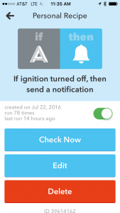 Abbildung 11: Mit Ifttt.com integriert, sendet der Automatic-Adapter Push-Notifications aufs mobile Telefon, wenn ein Auto startet.