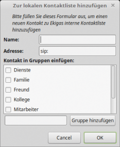 Abbildung 2: Neue Gesprächspartner legt der Anwender bei Ekiga mit nur wenigen Mausklicks an.