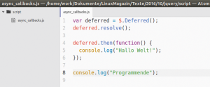 Abbildung 2: Der Javascript-Beispielcode im Atom-Editor mit hellem Theme.