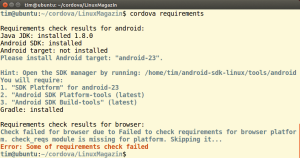 Abbildung 1: Hier erkennt Cordova unter anderem, dass der Entwickler zwar das Android-SDK installiert hat, aber die Bibliotheken für Android 6.0 (API Level 23) fehlen.