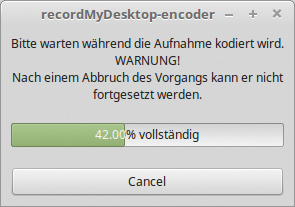 Abbildung 4: Fortschrittsbalken: Record My Desktop enkodiert die Aufnahme in einem gesonderten Arbeitsgang.