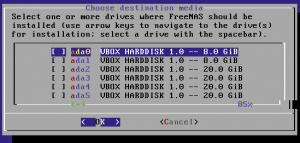 Abbildung 2: Free NAS setzt auf den Free-BSD-Installer, doch muss der Admin nur in wenigen Dialogen überhaupt Fragen beantworten. Den Rest der Installation übernimmt die Automatik.