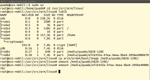 Abbildung 4: Die Varinate für Ungeduldige: Bei ! hat Ubuntu die Micro-SD-Karte eingehängt. " Der »cp«-Befehl kopiert nur den selbst übersetzten Kernel als Datei »Image« auf die Bootpartition. Bei § hängt der Entwickler die Boot- und Root-Partitionen wieder aus.