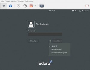 Abbildung 4: Die meisten Distributionen mit Wayland-Support erlauben es, im Anmeldebildschirm auf eine Sitzung mit Wayland zu wechseln. Die Abbildung zeigt dies für Fedora 24.