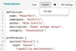 Abbildung 8: User können ihre eigenen Applikationen für den Smartthings-Hub in einer IDE in Groovy schreiben und mittels <code>Publish</code> installieren.