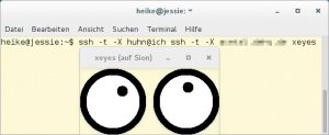 Abbildung 2: Das Programm <code>xeyes</code> läuft auf dem dritten Host namens <code>Sion</code>; die Anzeige findet jedoch in der grafischen Oberfläche des ersten Rechners (<code>jessie</code>) statt.