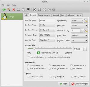 Abbildung 3: Sehr umfangreich fallen in Aqemu die Konfigurationsoptionen für die VM aus. Virtualbox-Nutzern dürfte das bekannt vorkommen.