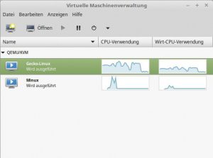 Abbildung 8: Hier arbeiten zwei virtuelle Desktops gleichzeitig unter einem Linux-Mint-Host und zeigen ihre CPU- und RAM-Auslastung an.
