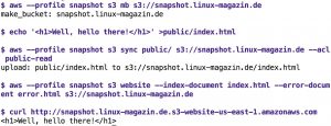 Abbildung 5: Das Tool <code>aws</code> richtet einen S3-Bucket ein, kopiert ein <code>index.html</code> dorthin und konfiguriert die statische Webseite.