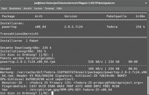 Abbildung 3: Fehlt einem Fedora-System ein &ouml;ffentlicher Schl&uuml;ssel zum Verifizieren, fordert der Paketmanager &ndash; hier <code>dnf</code> &ndash; den Systemverwalter zum Import auf. 